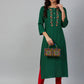 Jompers Women Green & Peach-Coloured Yoke Embroidered Straight Kurta ( JOK 1355 Green )