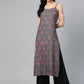 Jompers Women Charcoal Grey & Pink Printed Straight Kurta ( JOK 1363 Grey )
