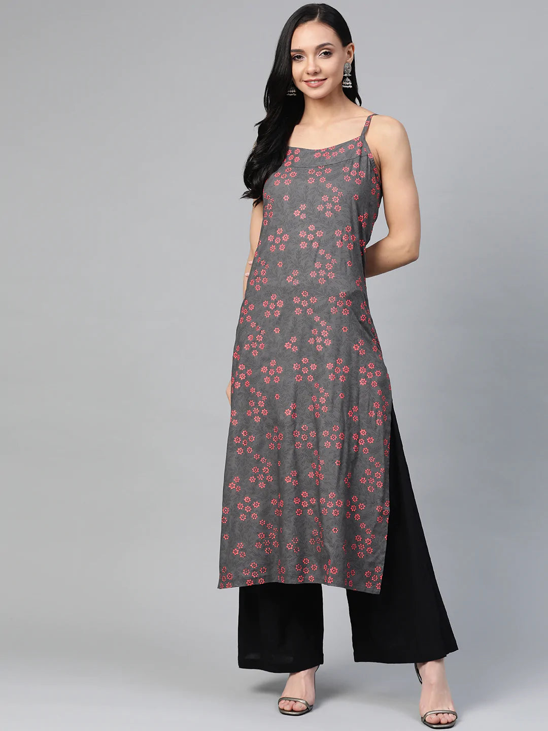 Jompers Women Charcoal Grey & Pink Printed Straight Kurta ( JOK 1363 Grey )