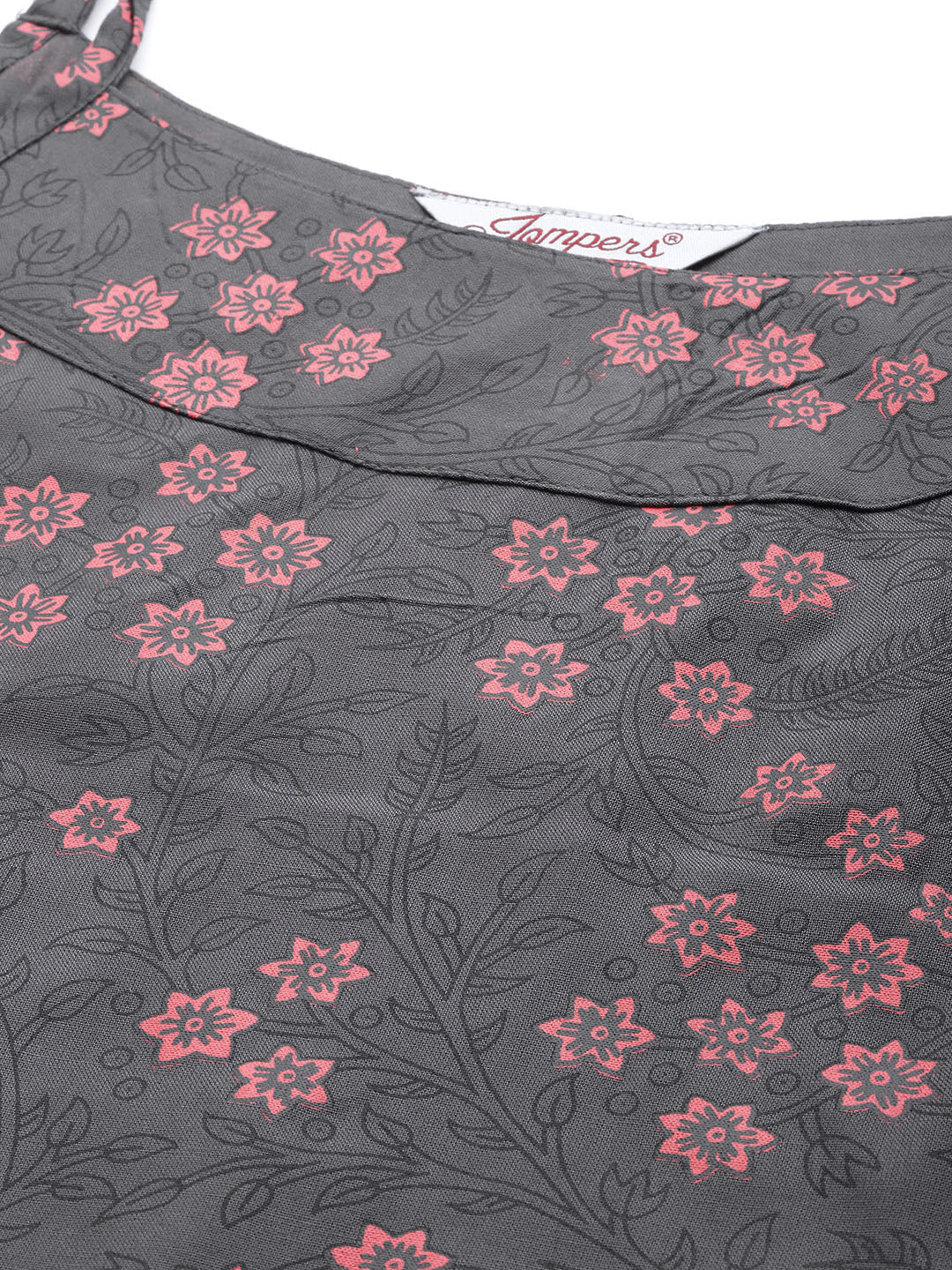 Jompers Women Charcoal Grey & Pink Printed Straight Kurta ( JOK 1363 Grey )
