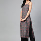 Jompers Women Charcoal Grey & Pink Printed Straight Kurta ( JOK 1363 Grey )