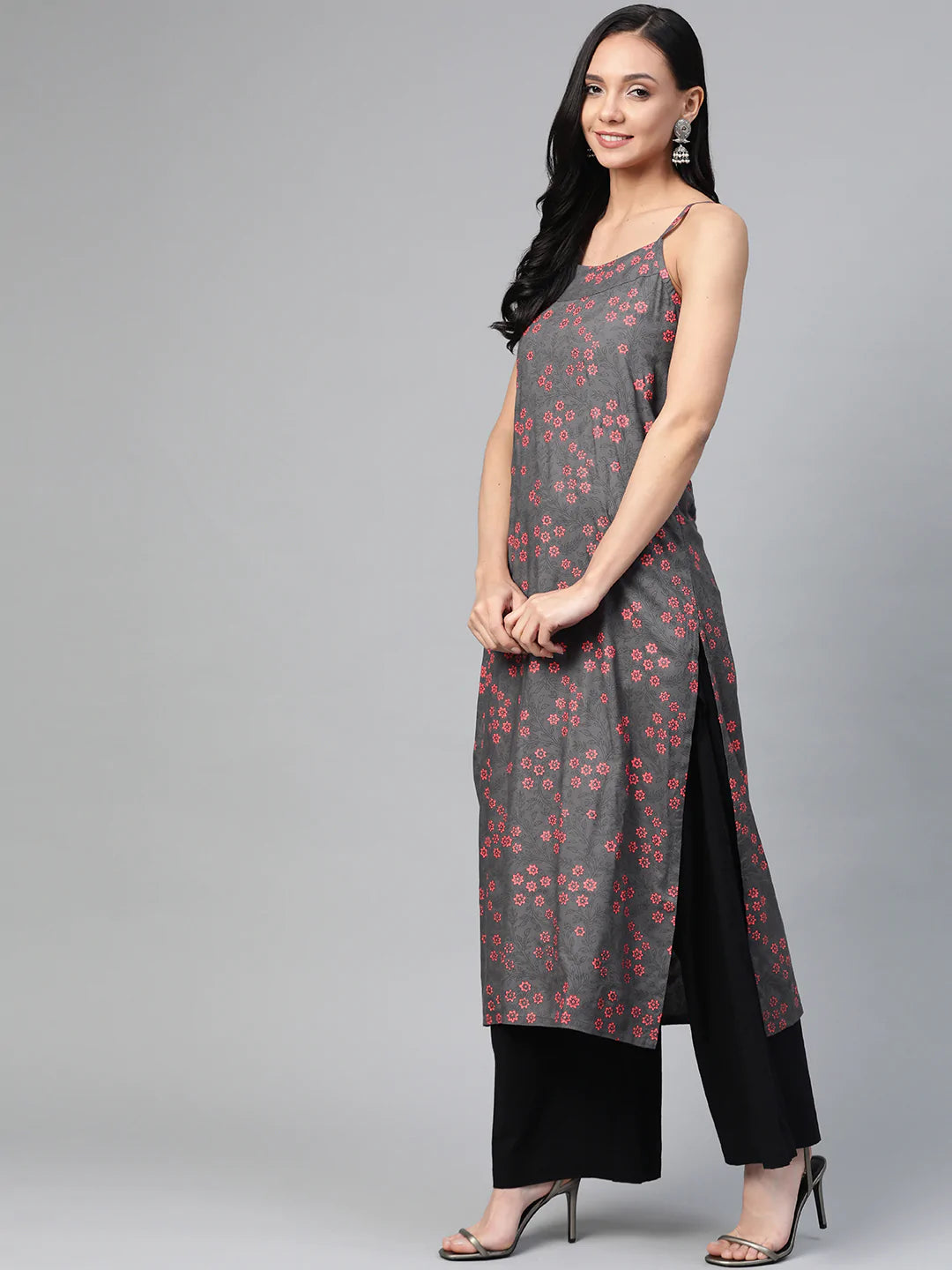 Jompers Women Charcoal Grey & Pink Printed Straight Kurta ( JOK 1363 Grey )