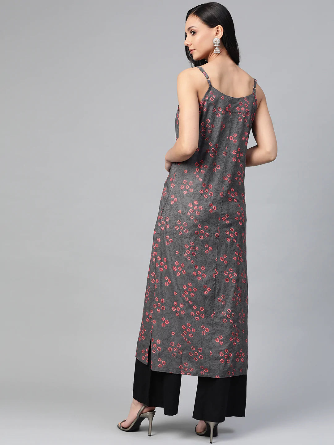 Jompers Women Charcoal Grey & Pink Printed Straight Kurta ( JOK 1363 Grey )