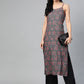 Jompers Women Charcoal Grey & Pink Printed Straight Kurta ( JOK 1363 Grey )