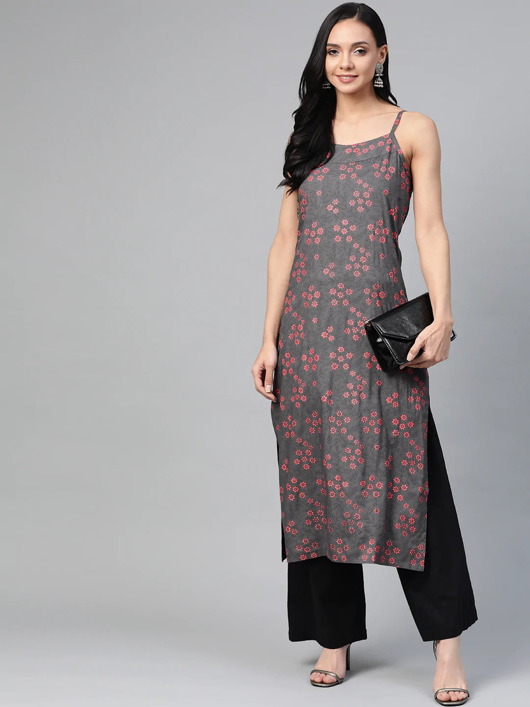 Jompers Women Charcoal Grey & Pink Printed Straight Kurta ( JOK 1363 Grey )