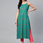 Jompers Women Rama Green & Pink Printed Straight Kurta ( JOK 1363 Rama )
