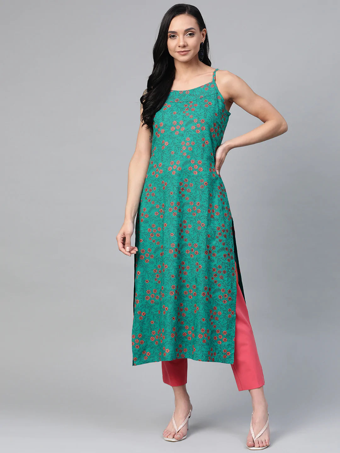 Jompers Women Rama Green & Pink Printed Straight Kurta ( JOK 1363 Rama )