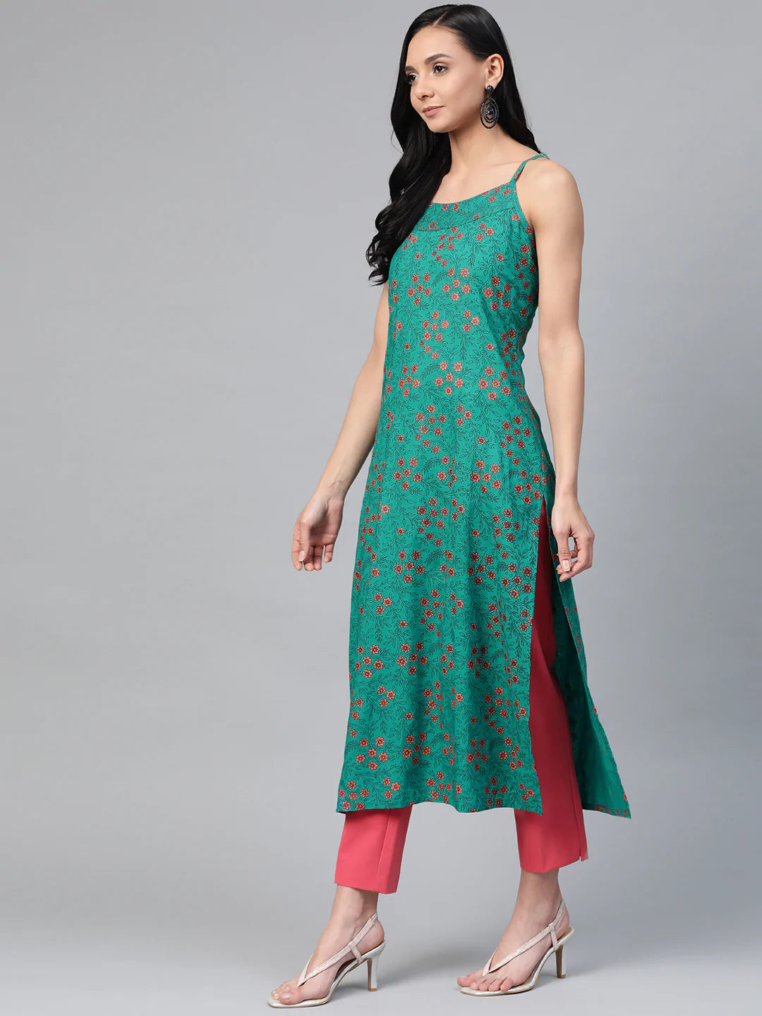 Jompers Women Rama Green & Pink Printed Straight Kurta ( JOK 1363 Rama )