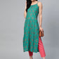 Jompers Women Rama Green & Pink Printed Straight Kurta ( JOK 1363 Rama )