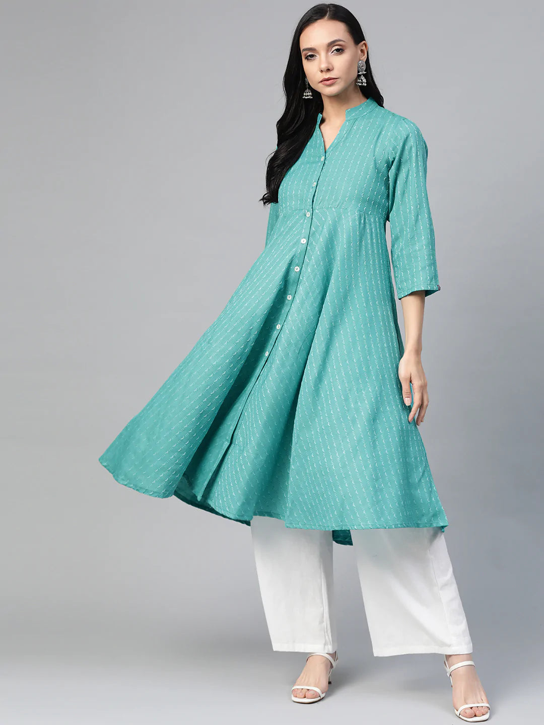 ompers Women Green & White Woven Design Jacquard A-Line Kurta ( JOK 1364 Rama )