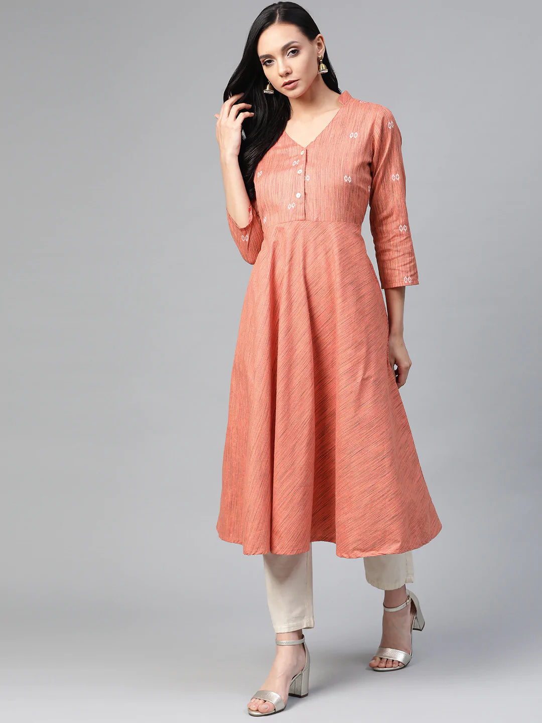 Jompers Women Orange Woven Design Flaired Kurta ( JOK 1365 Orange )