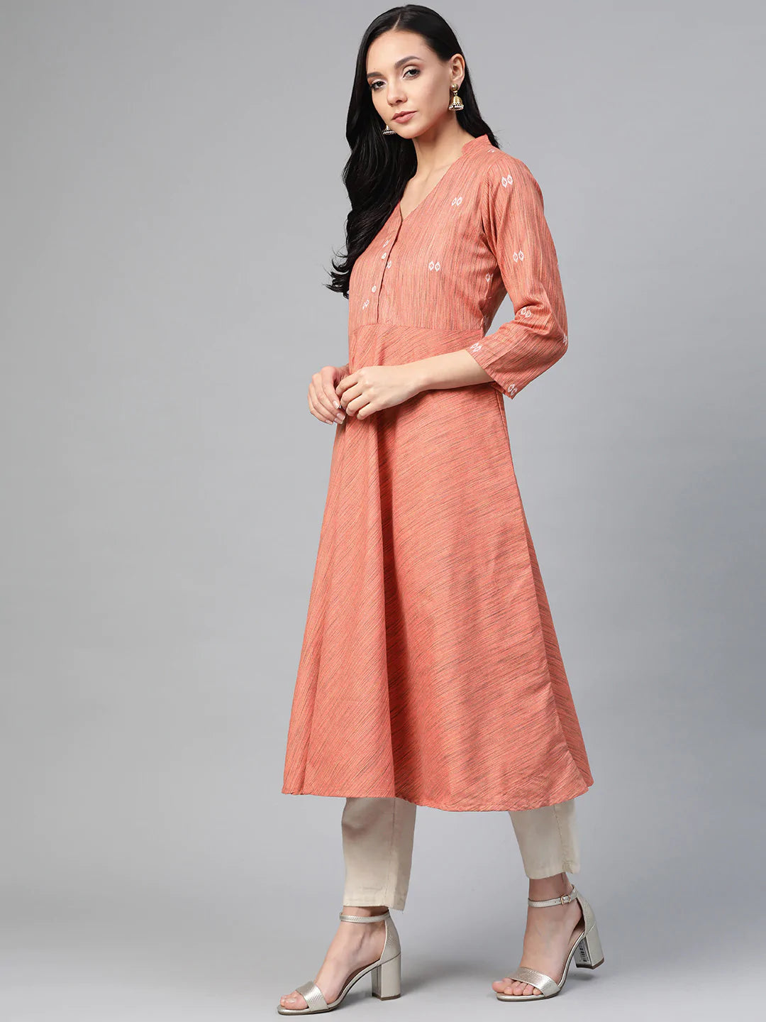 Jompers Women Orange Woven Design Flaired Kurta ( JOK 1365 Orange )