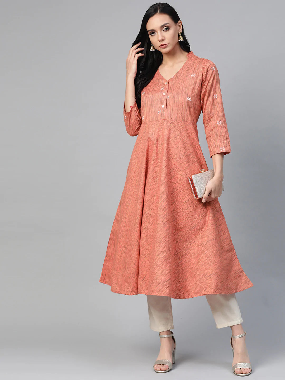 Jompers Women Orange Woven Design Flaired Kurta ( JOK 1365 Orange )