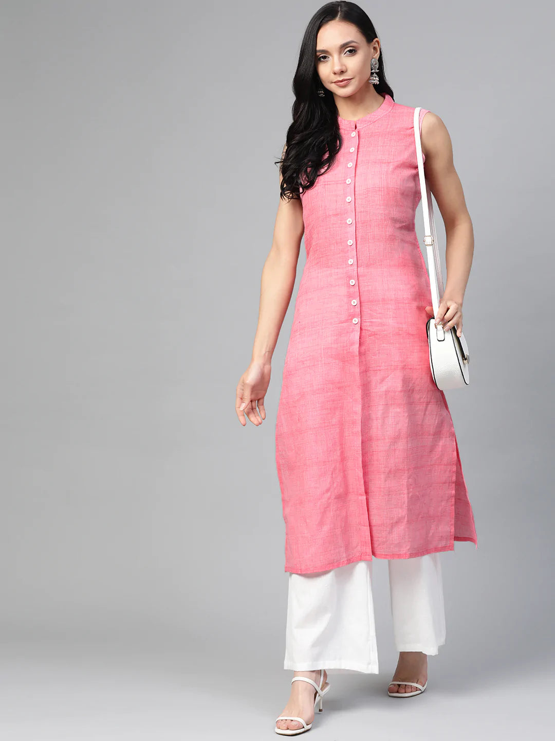 Jompers Women Pink Pure Cotton Woven Design Straight Kurta ( JOK 1366 Pink)