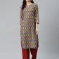 Jompers Women Blue & Yellow Geometric Printed Keyhole Neck Kurta ( JOK 1367 Navy )