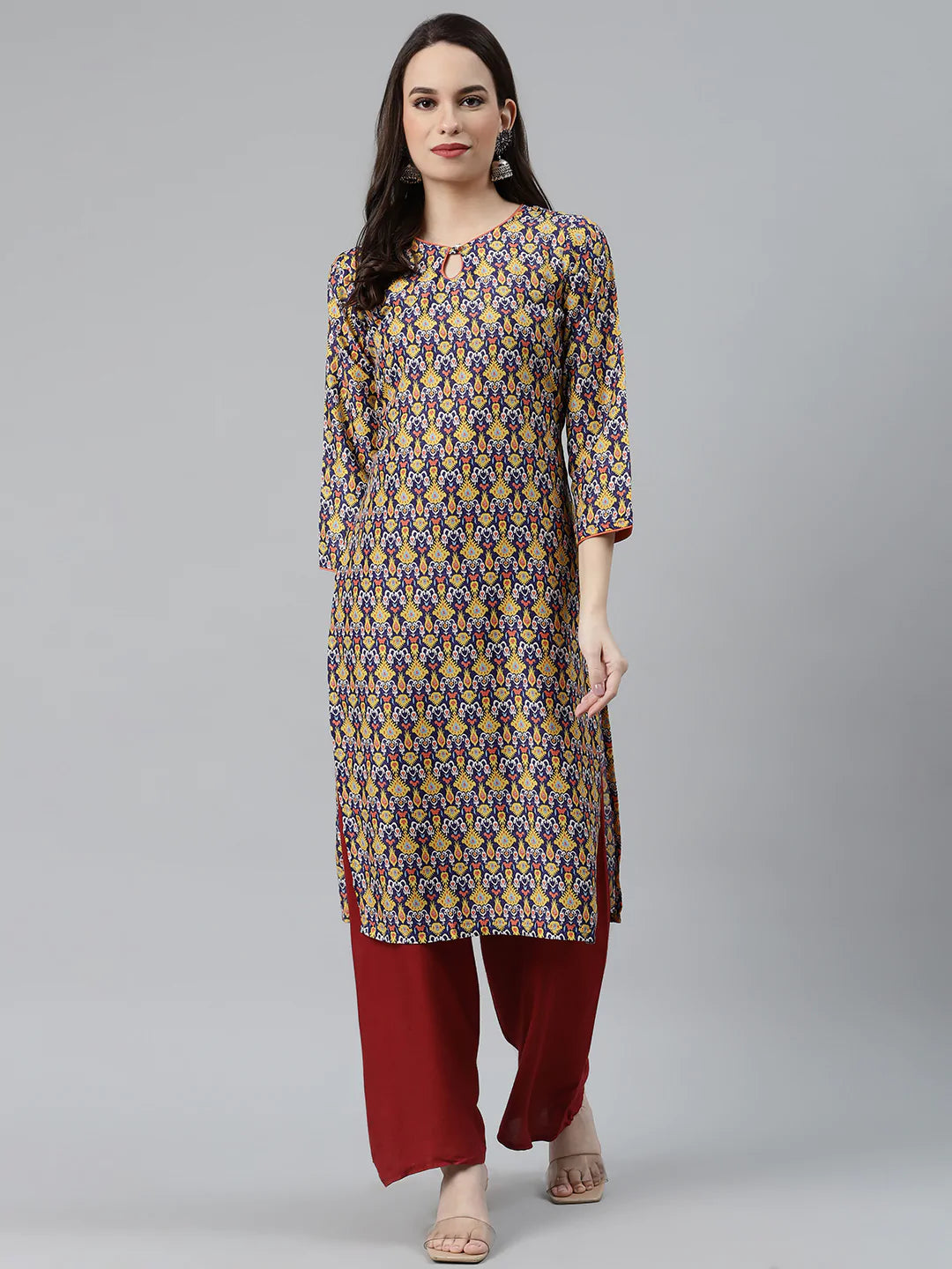 Jompers Women Blue & Yellow Geometric Printed Keyhole Neck Kurta ( JOK 1367 Navy )