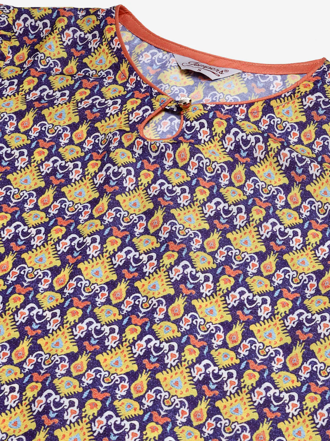 Jompers Women Blue & Yellow Geometric Printed Keyhole Neck Kurta ( JOK 1367 Navy )