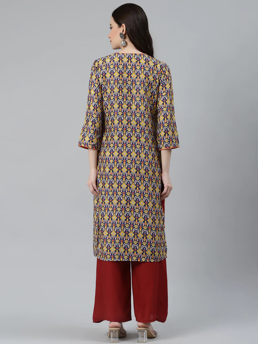 Jompers Women Blue & Yellow Geometric Printed Keyhole Neck Kurta ( JOK 1367 Navy )