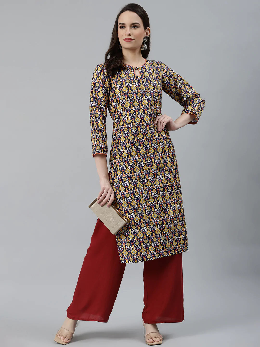 Jompers Women Blue & Yellow Geometric Printed Keyhole Neck Kurta ( JOK 1367 Navy )