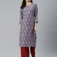 Jompers Women Blue & Red Ethnic Motifs Printed Keyhole Neck Kurta ( JOK 1367 Sky )