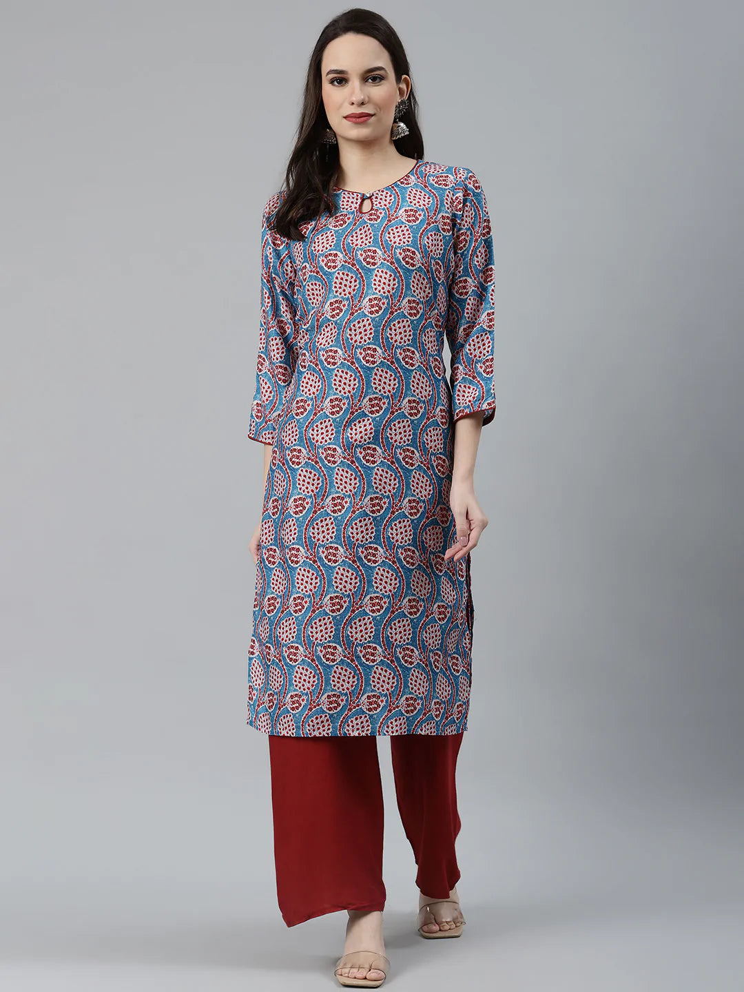 Jompers Women Blue & Red Ethnic Motifs Printed Keyhole Neck Kurta ( JOK 1367 Sky )