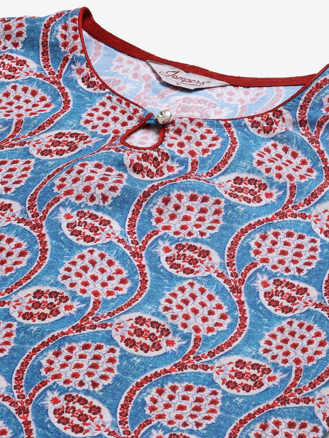 Jompers Women Blue & Red Ethnic Motifs Printed Keyhole Neck Kurta ( JOK 1367 Sky )