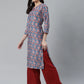 Jompers Women Blue & Red Ethnic Motifs Printed Keyhole Neck Kurta ( JOK 1367 Sky )