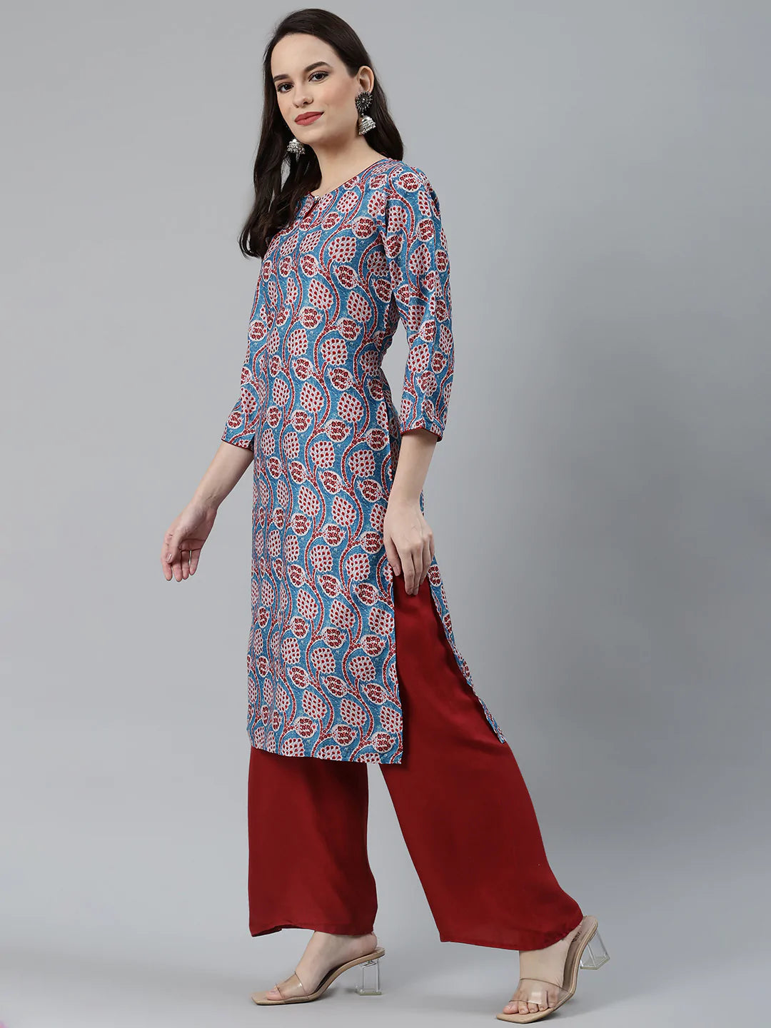 Jompers Women Blue & Red Ethnic Motifs Printed Keyhole Neck Kurta ( JOK 1367 Sky )