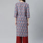 Jompers Women Blue & Red Ethnic Motifs Printed Keyhole Neck Kurta ( JOK 1367 Sky )