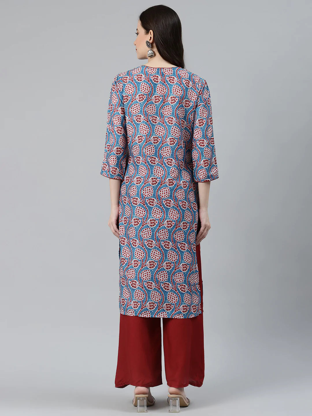 Jompers Women Blue & Red Ethnic Motifs Printed Keyhole Neck Kurta ( JOK 1367 Sky )