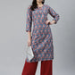Jompers Women Blue & Red Ethnic Motifs Printed Keyhole Neck Kurta ( JOK 1367 Sky )