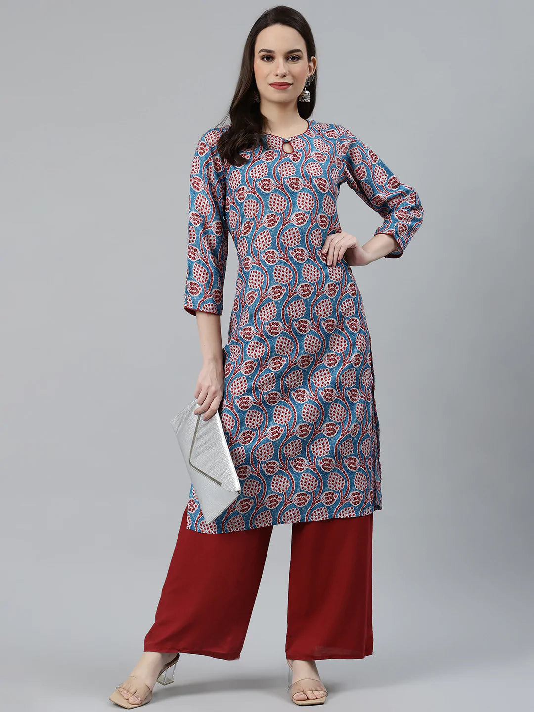 Jompers Women Blue & Red Ethnic Motifs Printed Keyhole Neck Kurta ( JOK 1367 Sky )