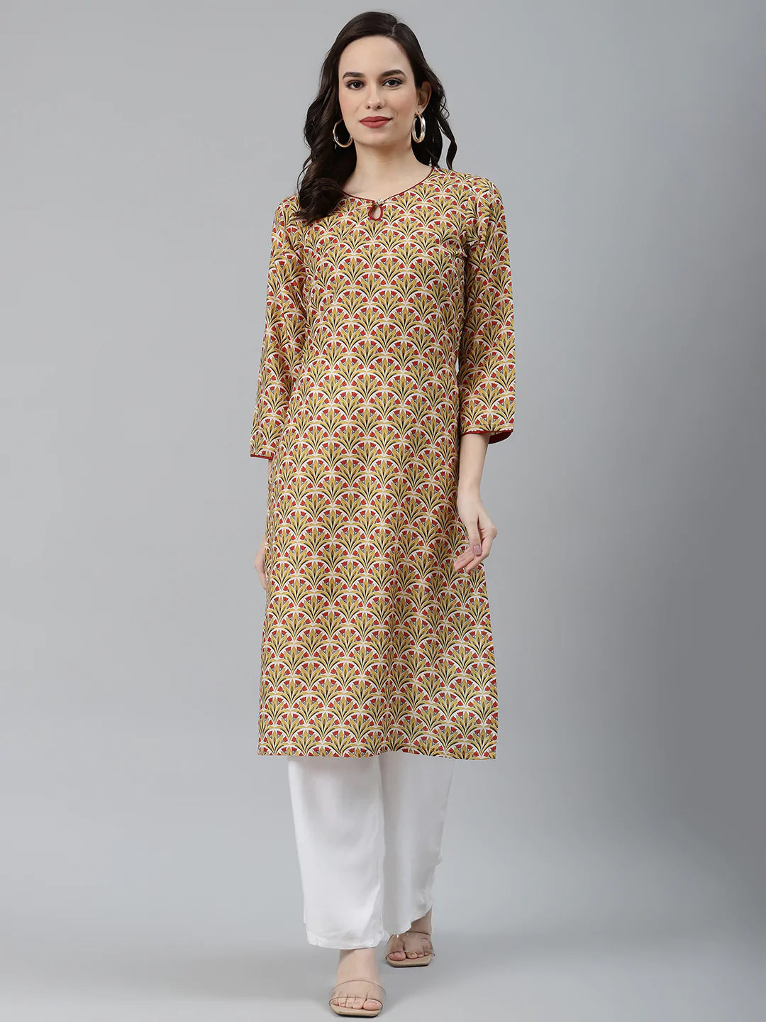 Jompers Women Yellow & Maroon Floral Printed Keyhole Neck Kurta ( JOK 1367 Yellow )