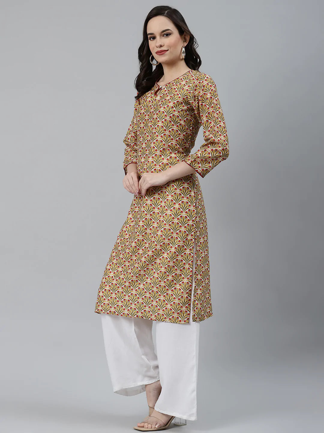 Jompers Women Yellow & Maroon Floral Printed Keyhole Neck Kurta ( JOK 1367 Yellow )