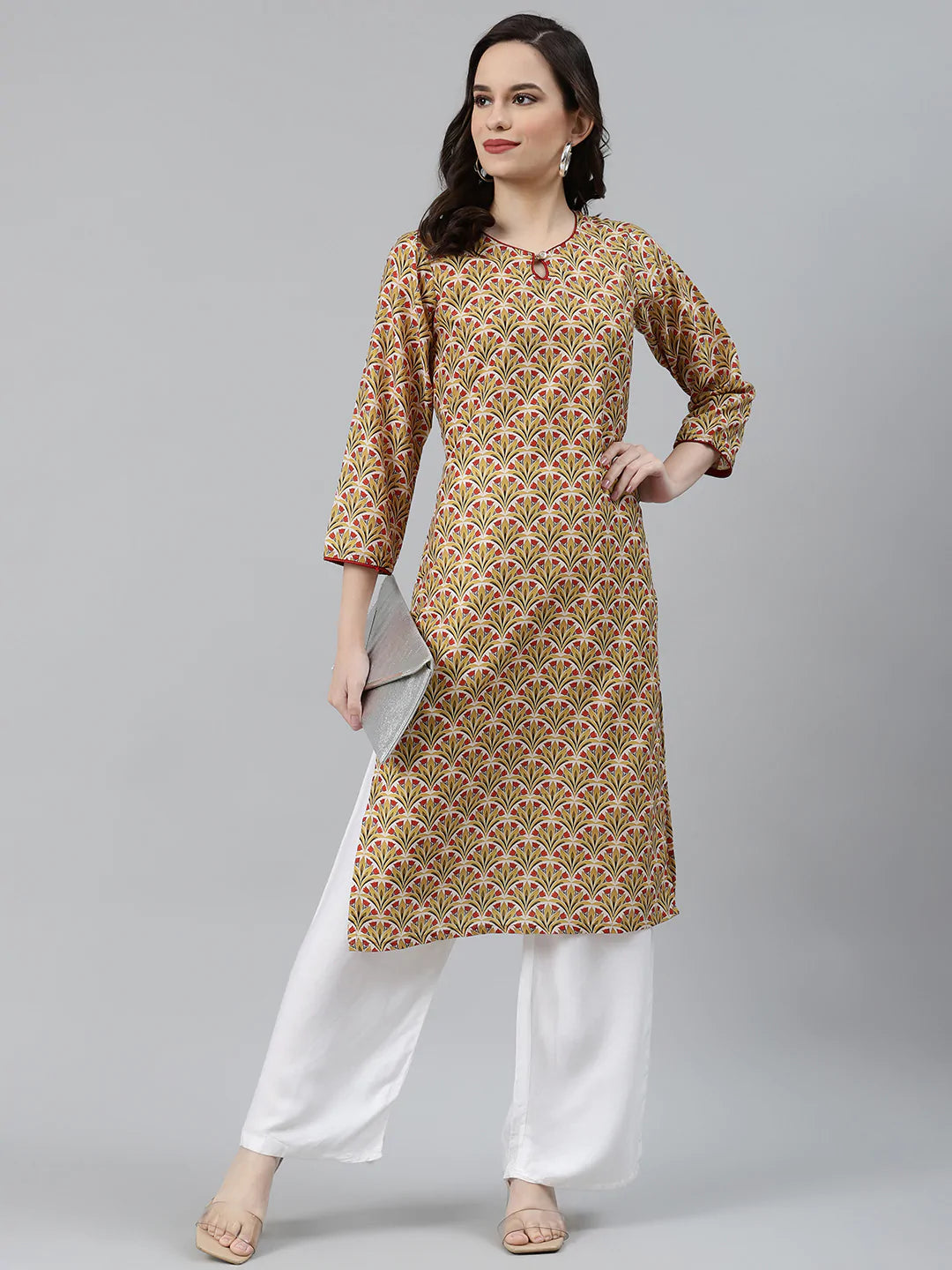 Jompers Women Yellow & Maroon Floral Printed Keyhole Neck Kurta ( JOK 1367 Yellow )