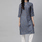 Jompers Women Blue & Yellow Floral Printed Keyhole Neck Floral Kurta ( JOK 1368 Navy )