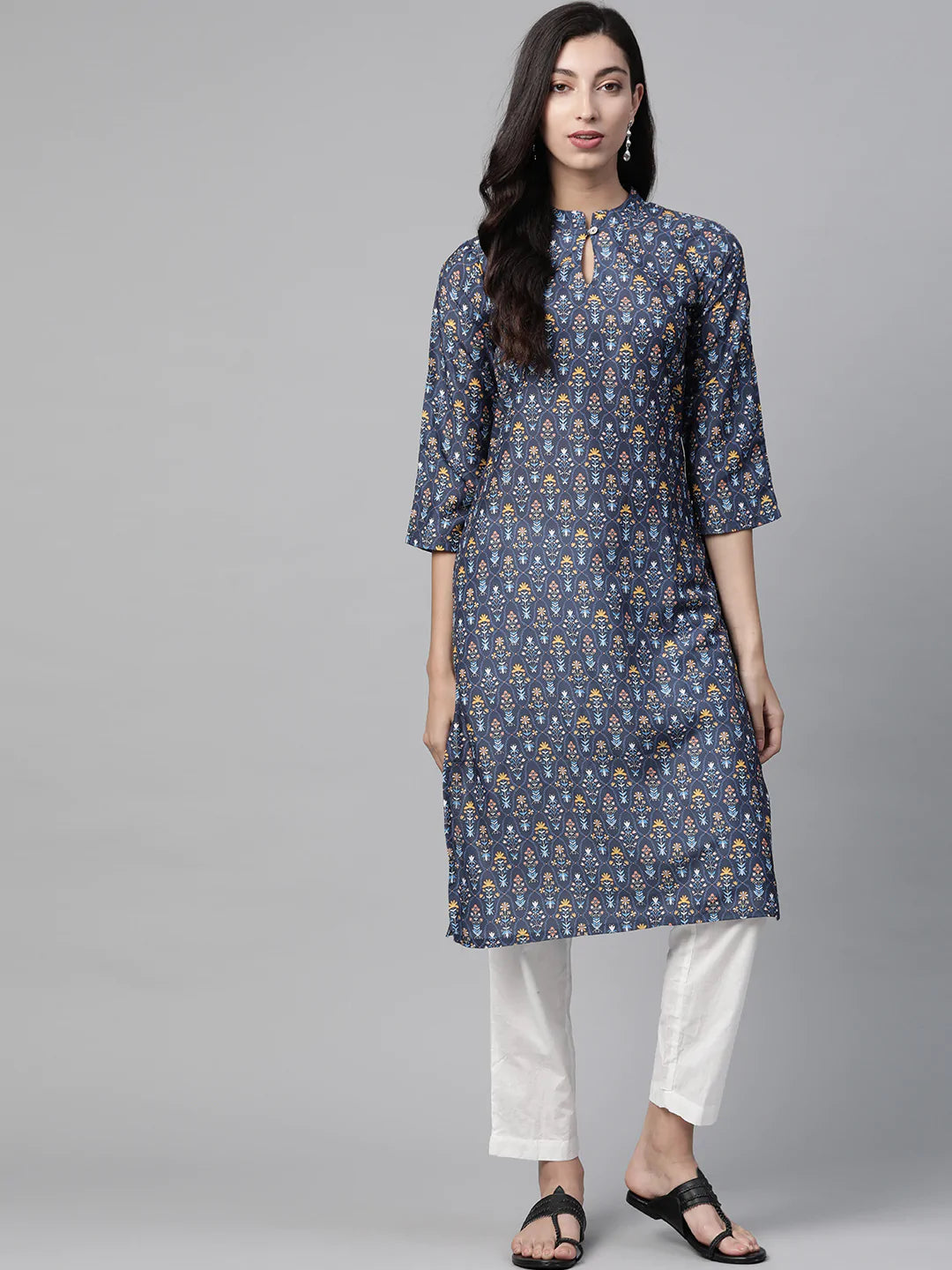 Jompers Women Blue & Yellow Floral Printed Keyhole Neck Floral Kurta ( JOK 1368 Navy )