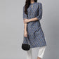 Jompers Women Blue & Yellow Floral Printed Keyhole Neck Floral Kurta ( JOK 1368 Navy )