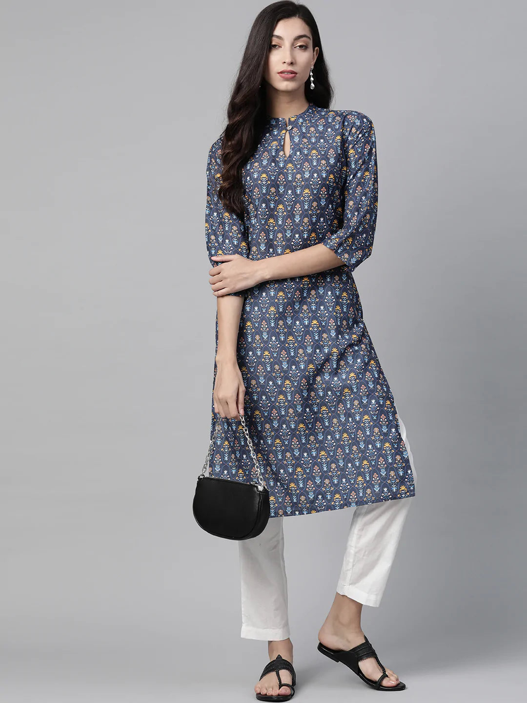 Jompers Women Blue & Yellow Floral Printed Keyhole Neck Floral Kurta ( JOK 1368 Navy )