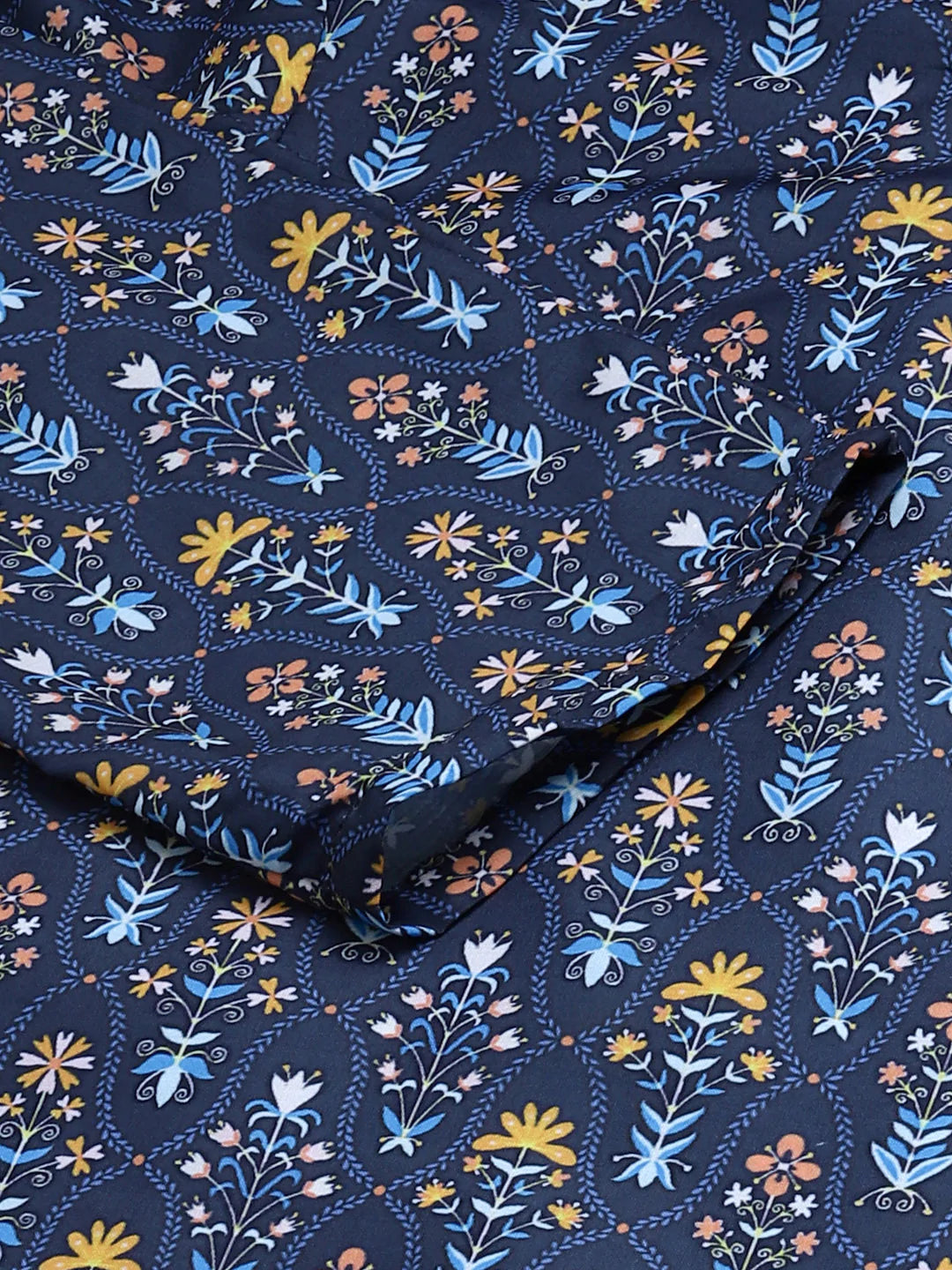 Jompers Women Blue & Yellow Floral Printed Keyhole Neck Floral Kurta ( JOK 1368 Navy )