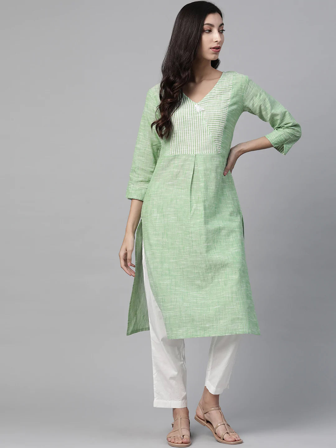 Jompers Women Green Pure Cotton Striped Pleated Kurta ( JOK 1369 Green )