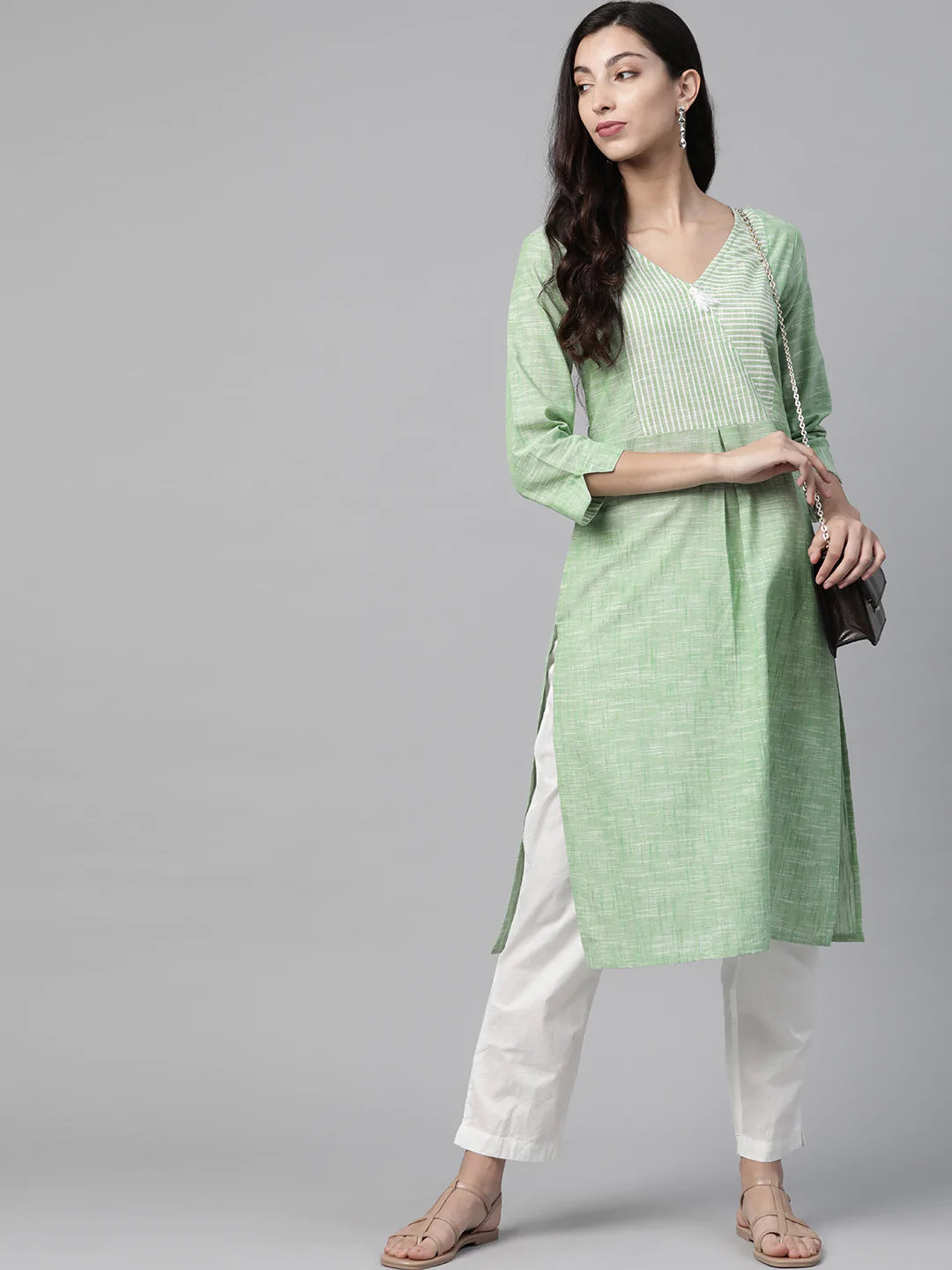 Jompers Women Green Pure Cotton Striped Pleated Kurta ( JOK 1369 Green )