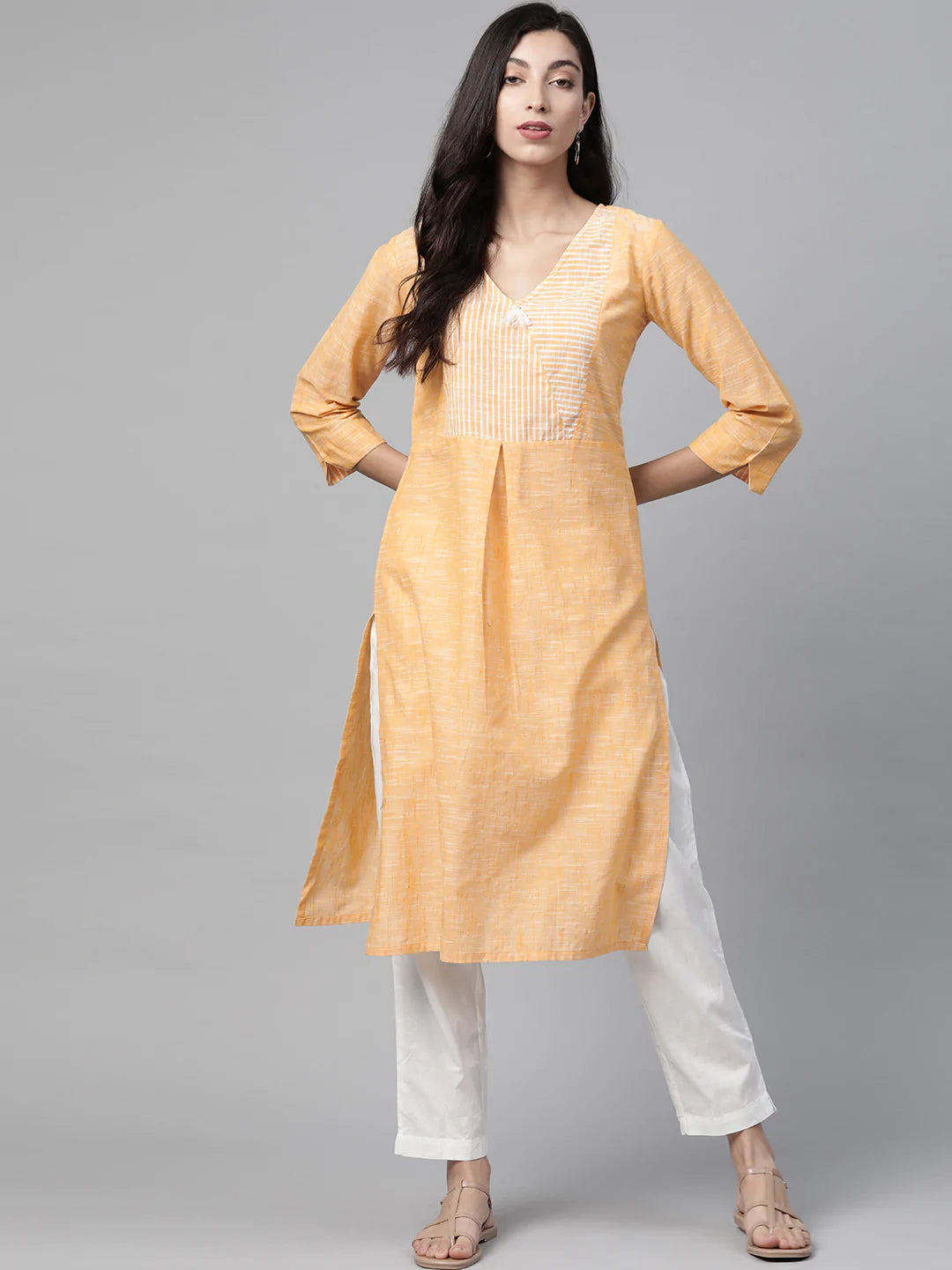 Jompers Women Yellow Pure Cotton Striped Pleated Kurta ( JOK 1369 Orange )