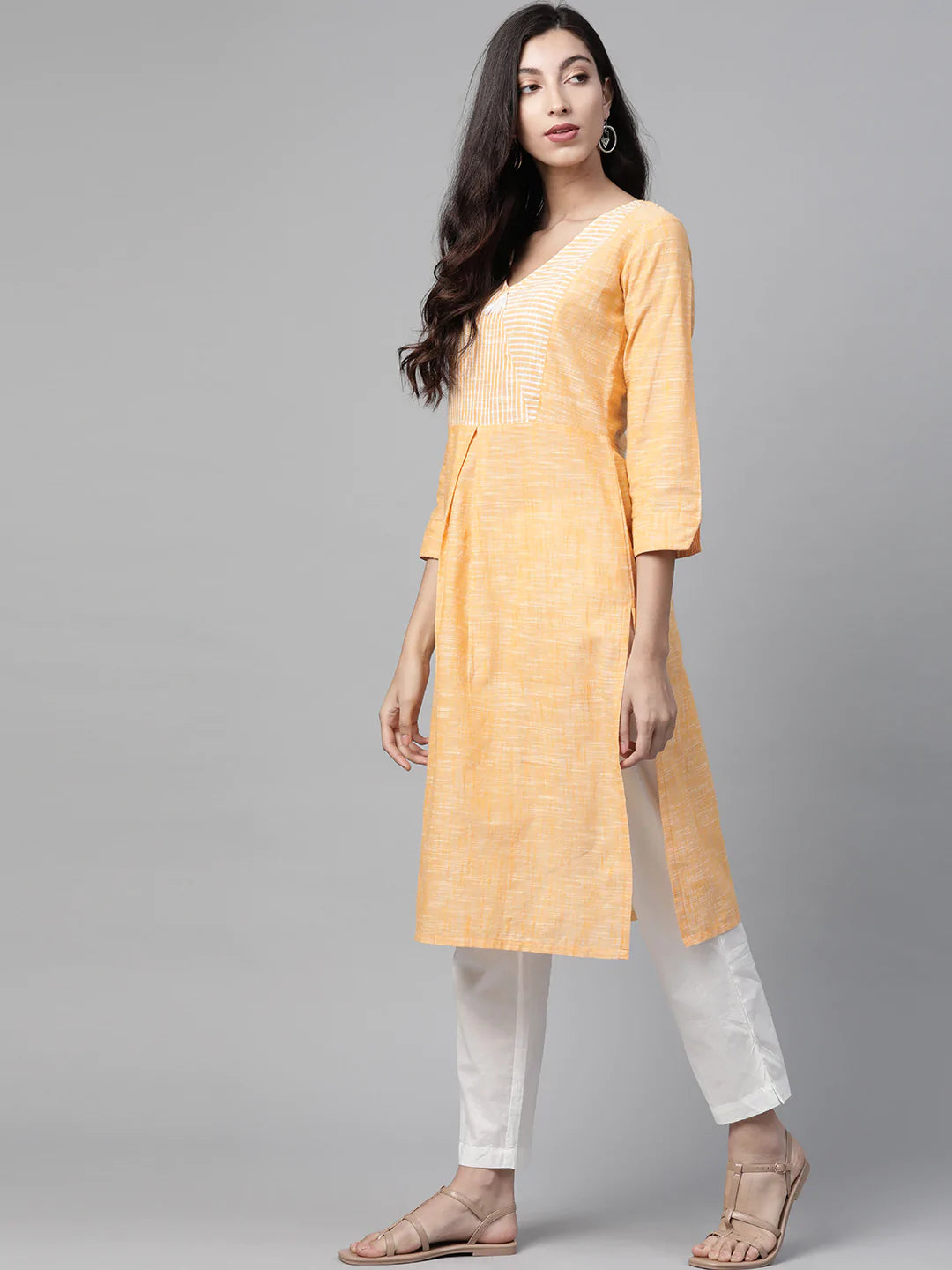 Jompers Women Yellow Pure Cotton Striped Pleated Kurta ( JOK 1369 Orange )