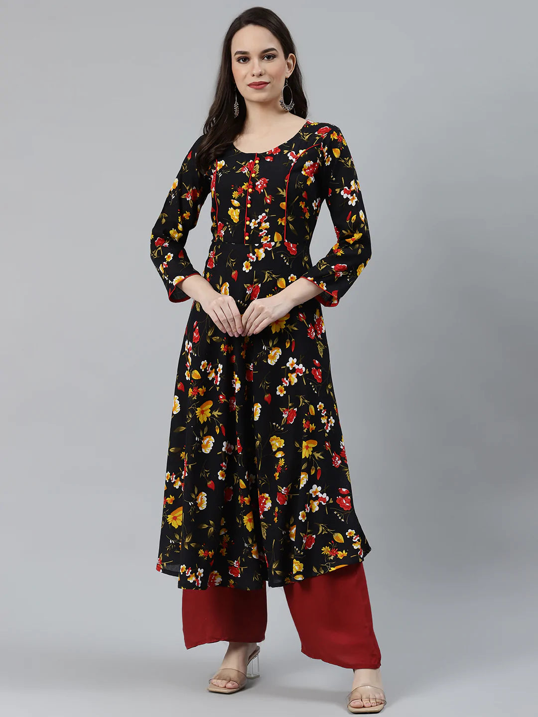 Jompers Women Black & Red Floral Printed Floral Anarkali Kurta ( JOK 1370 Black )