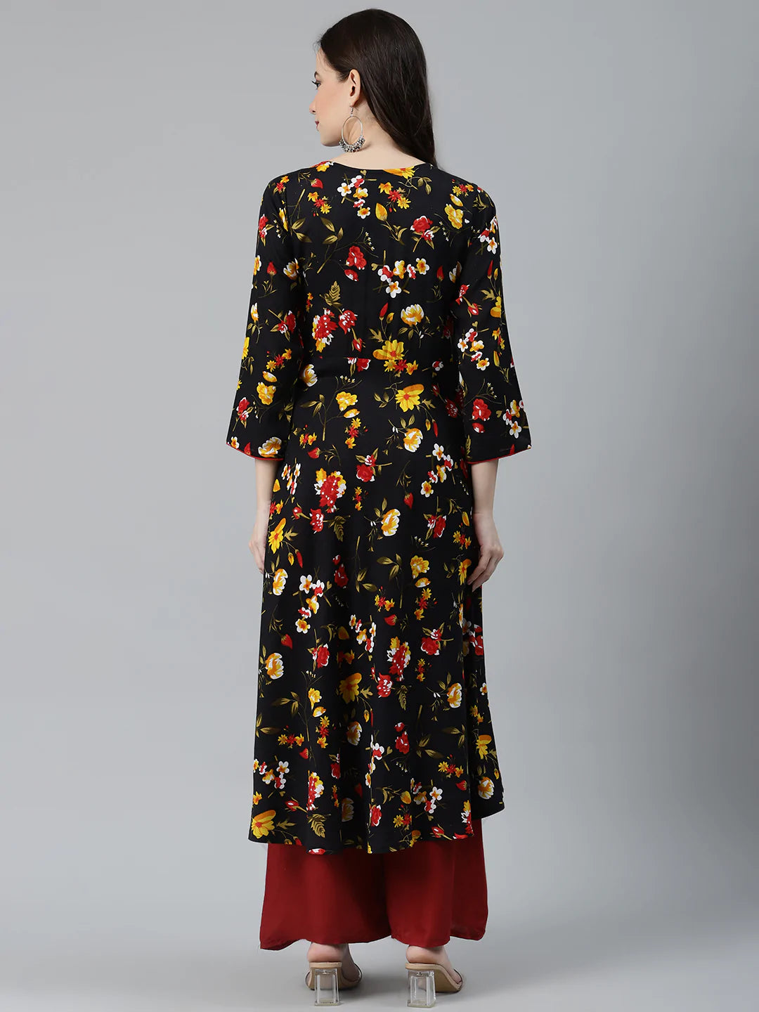 Jompers Women Black & Red Floral Printed Floral Anarkali Kurta ( JOK 1370 Black )