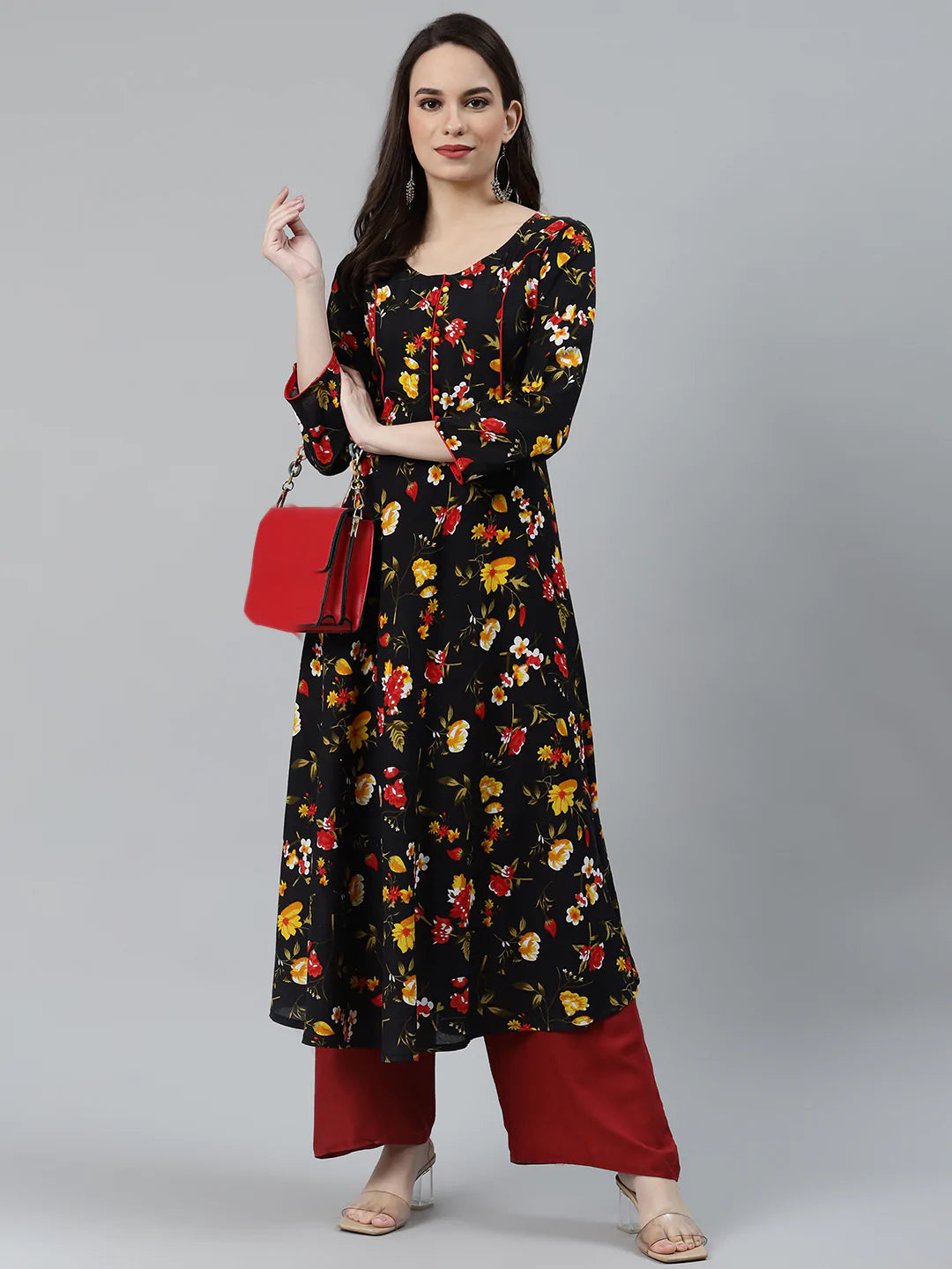 Jompers Women Black & Red Floral Printed Floral Anarkali Kurta ( JOK 1370 Black )