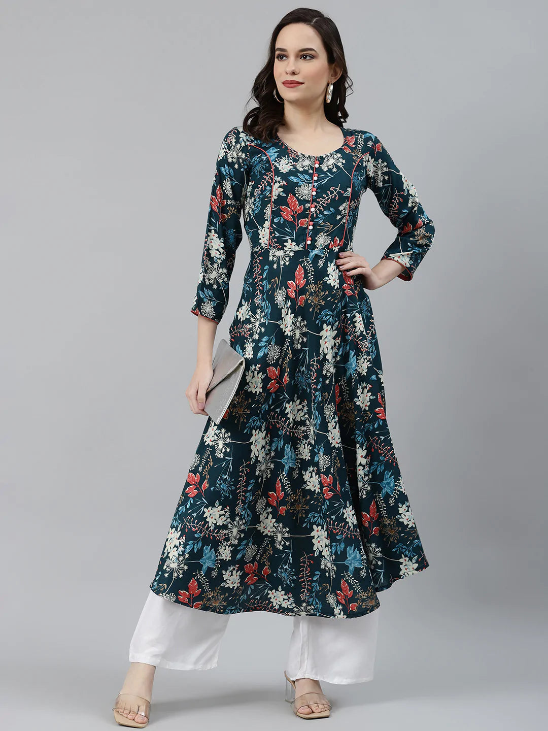 Jompers Women Blue & Pink Floral Printed Floral Anarkali Kurta ( JOK 1370 Sky )