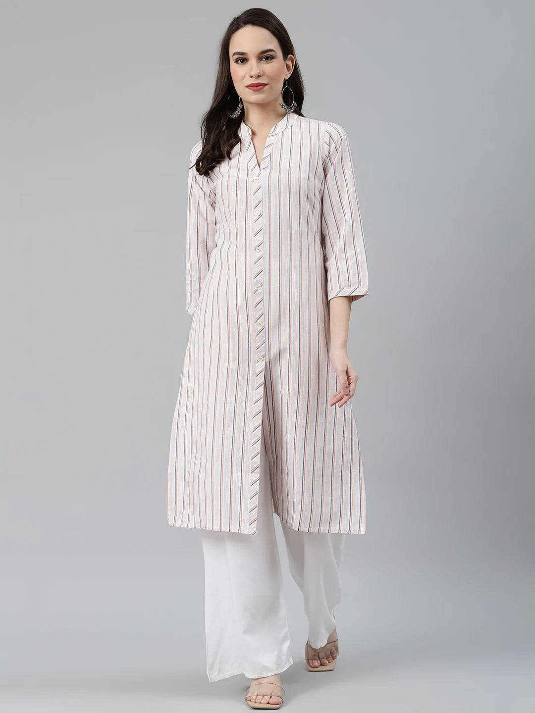 Jompers Women White & Orange Striped Indigo Fusion Kurta ( JOK 1371 White )