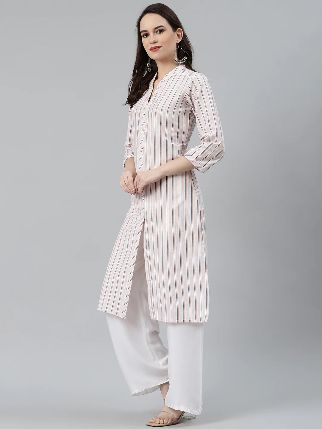 Jompers Women White & Orange Striped Indigo Fusion Kurta ( JOK 1371 White )